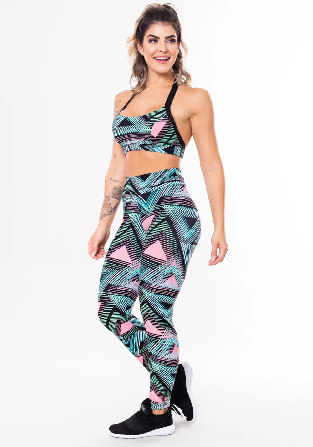 Conjunto fitness match poliamida estampada pixel laranja (top+calça)