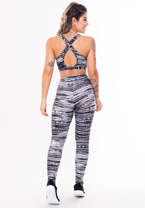 Conjunto fitness match poliamida estampado riscos pretos (top+calça)