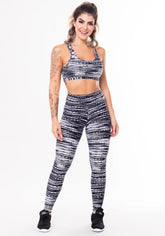 Conjunto fitness match poliamida estampado riscos pretos (top+calça)