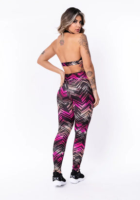 Conjunto fitness match poliamida estampada zig zag rosa (top+calça)