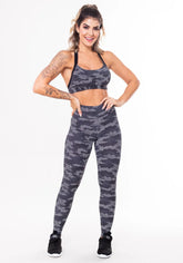 Conjunto fitness match poliamida estampada camuflado militar preto (top+calça)