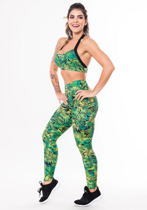 Conjunto fitness match poliamida estampada folhagem verde (top+calça)