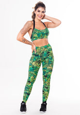 Conjunto fitness match poliamida estampada folhagem verde (top+calça)