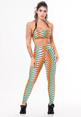 Conjunto fitness match poliamida estampada afro laranja (top+calça)